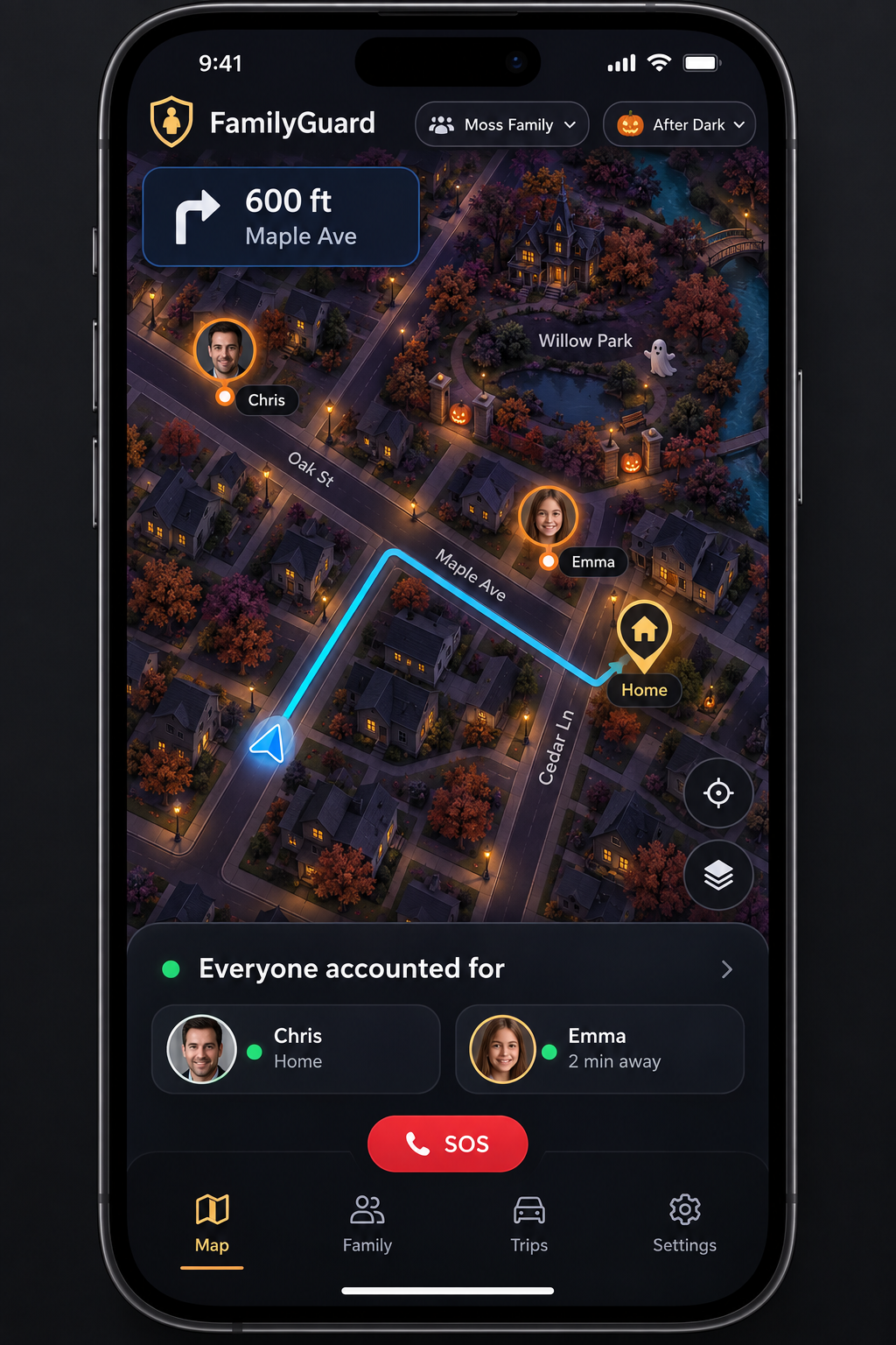 FamilyGuard After Dark design concept with a Halloween neighborhood, glowing pumpkins, family markers, and a cyan route